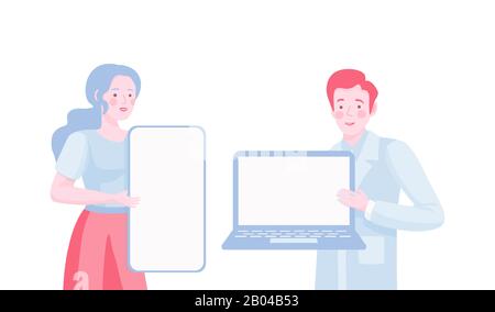 Young woman and man in casual clothes holding smartphone and laptop vector flat illustration. Social networks, Internet communication, business presentation, online advertising concept. Stock Vector