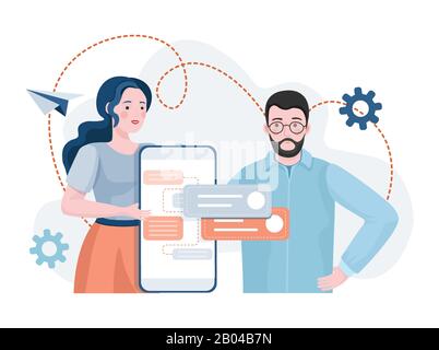 Young professionals developing a mobile apps. Woman and man working on website or application design vector flat illustration. Internet technologies, business processes concept. Stock Vector