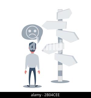 Businessman is looking at direction signs. Choices and decision concept. Stock Vector