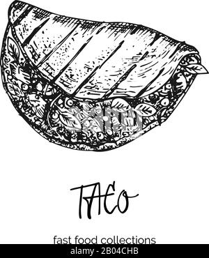 Hand drawn ink sketch taco. Engraving style. Fast food breakfast collection. Good idea for your cafe menu design, street festival flyer, sticker Stock Vector