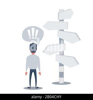 Right direction. A businessman looks at arrows pointing to many directions. Stock Vector