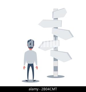 Businessman is looking at direction signs. Choices and decision concept. Stock Vector
