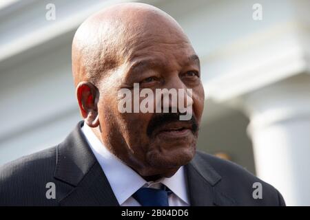 NFL great Jim Brown speak to the media after President Donald Trump  pardoned ex-San Francisco 49ers owner Edward DeBartolo Jr., at the White  House in Washington, D.C. on Tuesday, February 18, 2020.