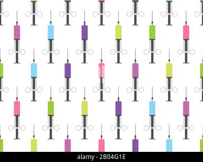 Syringe seamless pattern. Syringe with a vaccine of different colors. Vector illustration Stock Vector