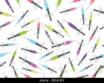 Syringe seamless pattern. Syringe with a vaccine of different colors. Vector illustration Stock Vector