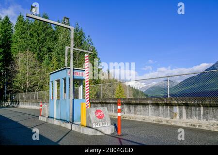 Movie prop toll booth, Cleveland dam, Capilano River Regional Park, North Vancouver, British Columbia, Canada. Stock Photo