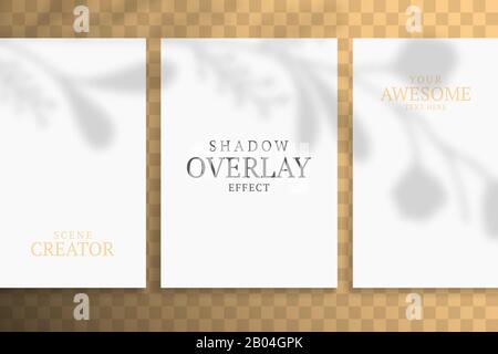 Shadow Overlay Plant Vector Mockup A4 Paper sheets. Shadows overlay effects Of A leaf on yellow background in a modern minimalist style. For presentat Stock Vector