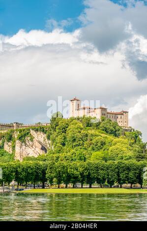 View at Angera and Rocca di Angera at Lago Maggiore seen from the seaside, Varese, Italy Stock Photo