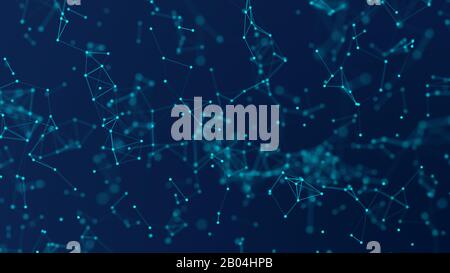 Abstract blue digital background with cybernetic particles, geometric background with triangular cells. Blue digital polygons on dark background. Plexus connected lines motion Stock Photo
