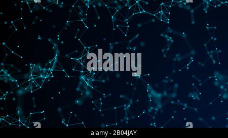 Abstract blue digital background with cybernetic particles, geometric background with triangular cells. Blue digital polygons on dark background. Plexus connected lines motion Stock Photo