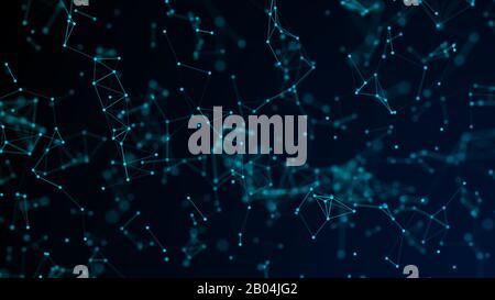 Abstract blue digital background with cybernetic particles, geometric background with triangular cells. Blue digital polygons on dark background. Plexus connected lines motion Stock Photo
