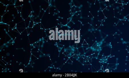 Abstract blue digital background with cybernetic particles, geometric background with triangular cells. Blue digital polygons on dark background. Plexus connected lines motion Stock Photo