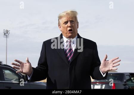 Washington, United States. 18th Feb, 2020. United States President Donald J. Trump speaks to members of the media next to Air Force One at Joint Base Andrews as he departs Washington, DC for Los Angeles, California, on Tuesday, February 18, 2020. Photo by Stefani Reynolds/UPI Credit: UPI/Alamy Live News Stock Photo