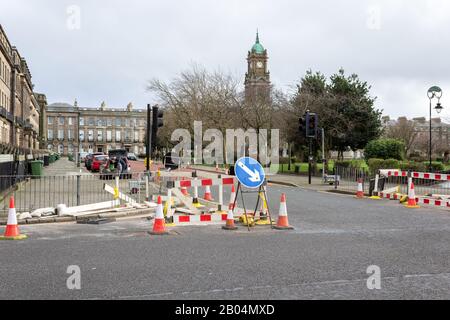 Roadworks, barriers and cones on Argyle street, Hamilton square, Birkenhead Stock Photo