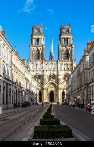 Orléans cathedral seen from along the Rue Jeanne d'Arc, Orleans, Loiret, France Stock Photo