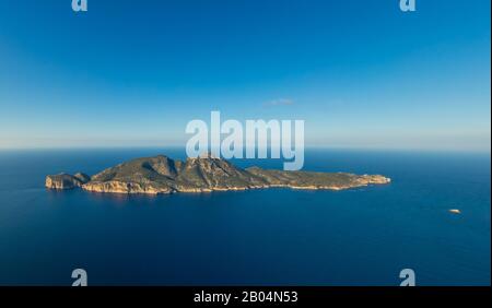 Aerial view, Sa Dragonera, Dragon Island, Andratx, Mallorca, Spain, Europe, Balearic Islands, Cap de Tramuntana, ES, Espana, Far de Llebeig lighthouse Stock Photo