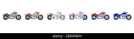 Set of vector of chopper motorcycles isolate on white background in different colours. Side view. Print for t-shirt, poster Stock Vector