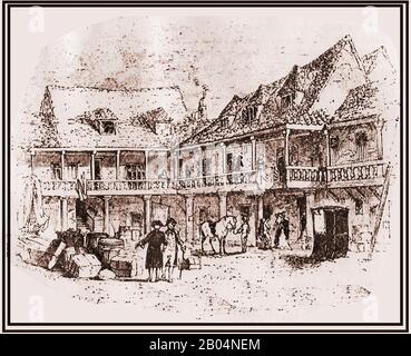 A late 18th century engraved image of the former  coaching yard  / courtyard of the TABARD INN, Southwark, London, England.  The inn was established in  1307 by the in  Abbot of Hyde as an ecclesiastical residence and served as lodgings for pilgrims visiting    the Shrine of Thomas Becket in Canterbury. It was demolished 1873 (though at least part of the original buildings were said to have been destroyed or pulled down during the great fire of London in 1666). Stock Photo