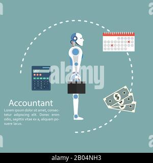 Cyborg accountant. Concept of calculation and accounting. Vector illustration in flat design. Cyborg working with reports, finances, statistical, calc Stock Vector