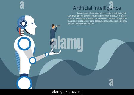 Artificial intelligence robot holding businessman in hand. Future technology symbol, innovation and progress. Vector illustration in flat design. Stock Vector
