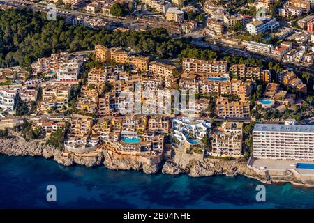 Aerial photo, holiday complex apartments on the coast Cala Fornells, Mallorca, Spain, Europe, Balearic Islands, Carretera de Cala Fornells, ES, Espana Stock Photo