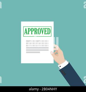 Business man hand holds approved paper document. Vector illustration in flat style Stock Vector