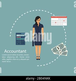 Businesswoman accountant. Concept of calculation and accounting. Vector illustration in flat design. Woman working with reports, finances, statistical Stock Vector