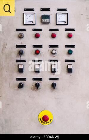 Control panel industrial machine with push-buttons and ammeters and meters Stock Photo