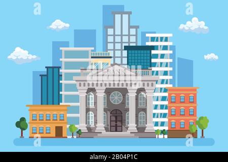 Bank building on the urban landscape with trees. Banking and financial services. Blue sky with clouds. Vector illustration in flat design. Stock Vector