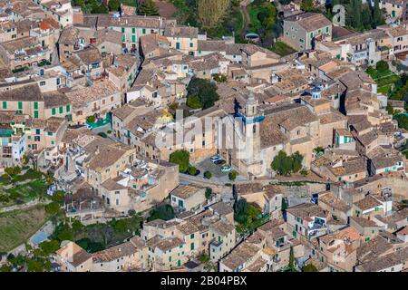 Aerial view, island, local view, catholic Church Església de Sant Bartomeu, Valldemossa, Majorca, Balearic Islands, Spain, Europe, ES, religious commu Stock Photo