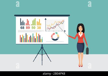 Businesswoman making presentation on presentation board. Business training. Stock Vector