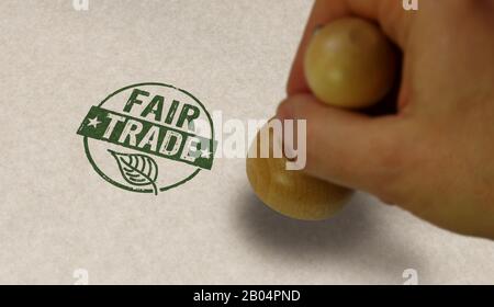 Fair Trade stamp and stamping hand. Ethical business, green trade, sustainable economy and environmental care  concept. Stock Photo
