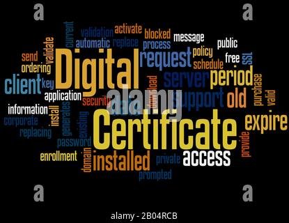 Digital certificate word cloud concept on black background. Stock Photo