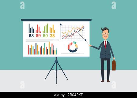 Businessman making presentation on presentation board. Business training. Stock Vector