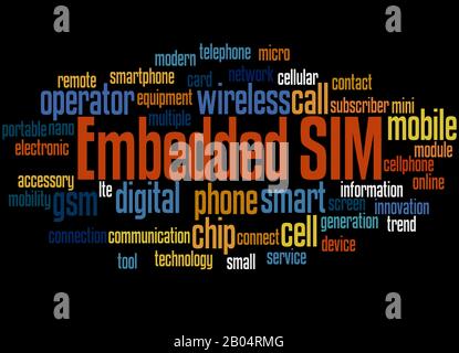 Embedded SIM word cloud concept on black background. Stock Photo