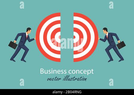 Business connection concept. Symbol of working togather. Partnership. Two businessmen connecting part of target. Cooperation interaction. Vector illus Stock Vector