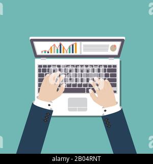 Man hands on the laptop keyboard vector illustration in flat design Stock Vector