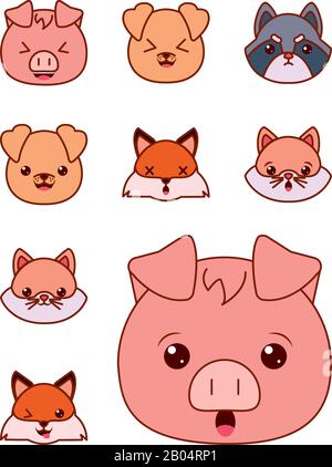 Cute Kawaii Animals Cartoons Line and Fill Style Icon Set Vector Design  Stock Vector - Illustration of animals, panda: 189574234