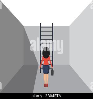Businesswoman in suit stading in a hole with wooden ladder on wall. Vector illustration in flat design. Stock Vector