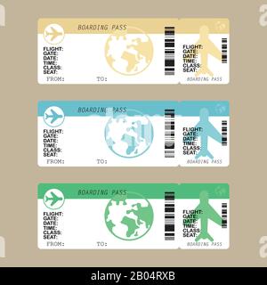 Airline boarding pass ticket set, vector illustration in flat style Stock Vector