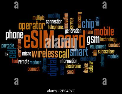 eSIM card word cloud concept on black background. Stock Photo