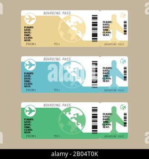 Airline boarding pass ticket set, vector illustration in flat style Stock Vector