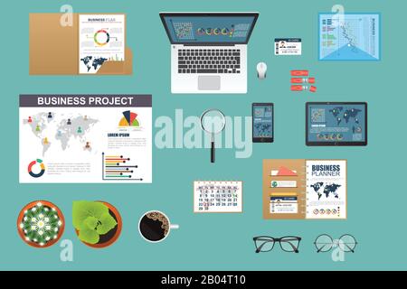 Set of desktop tools. Top view Business elements in realistic design. Stock Vector