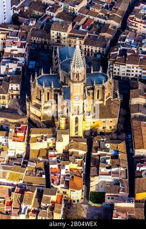 Aerial view, island, cath. Church Iglesia De Cristo Rey, church, Torre del Palau, museum, Fartàritx, Manacor, Mallorca, Balearic Islands, Spain, Europ Stock Photo