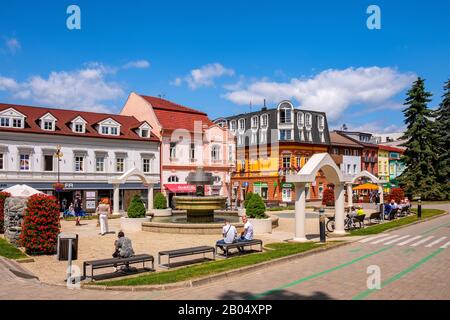 Poprad, Presov region / Slovakia - 2019/06/28: Panoramic view of the Poprad city center and St. Egidius square - Namestie svateho Egidia - in summer Stock Photo