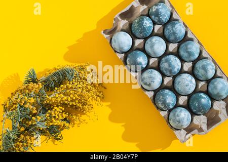 Blue textured colored Easter eggs in a box and mimosa flowers on a bright yellow holiday background backdrop. Spring holiday concept. Copyspace. Flat Stock Photo