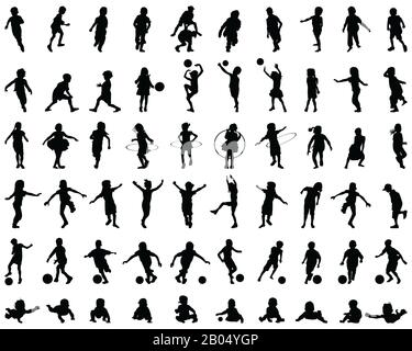 Black silhouettes of children playing, illustration on a white background Stock Photo