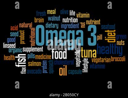 Omega 3 word cloud concept on black background. Stock Photo