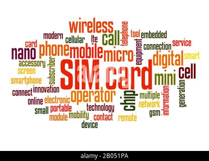 SIM card word cloud concept on white background. Stock Photo