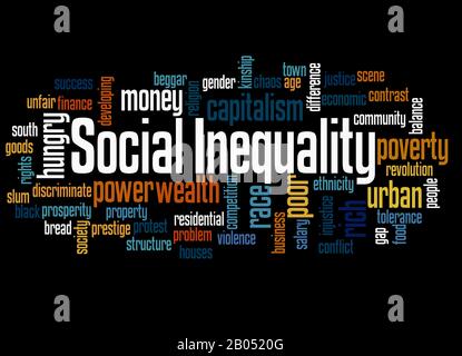 Social Inequality word cloud concept on black background. Stock Photo